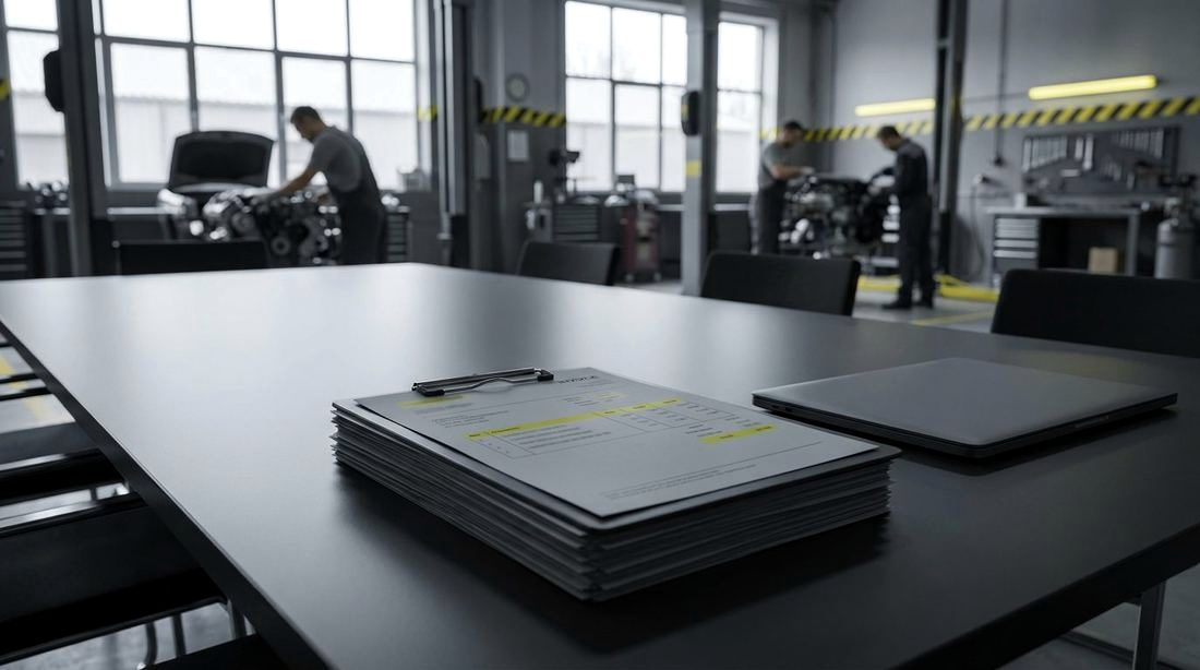 Stacked documents and a repair invoice on a conference table