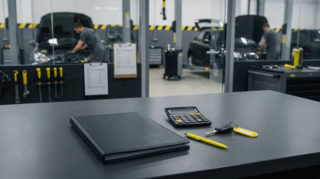 A car purchase contract, a calculator and car keys on a desk