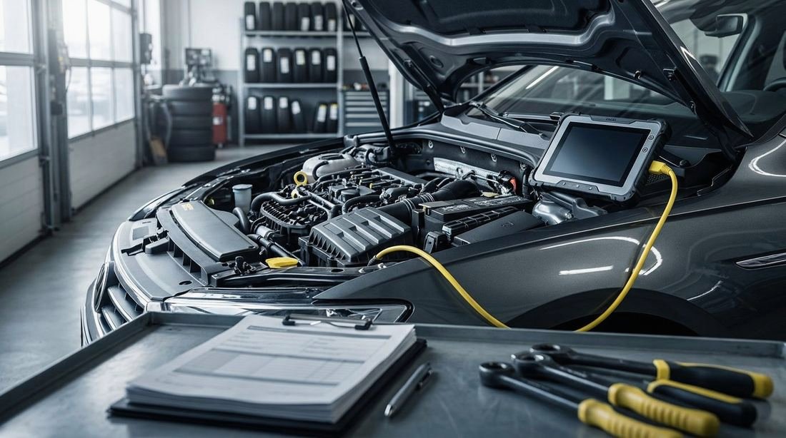 A diagnostic cable plugged in under the dash of a car with its engine bay open