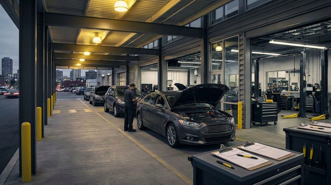 Cars lined up in a dealership service lane under bright lights at dusk