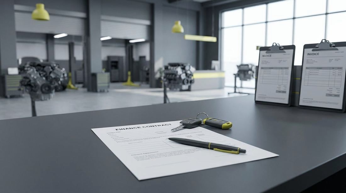 A finance contract, a pen and car keys on a dealership sales desk