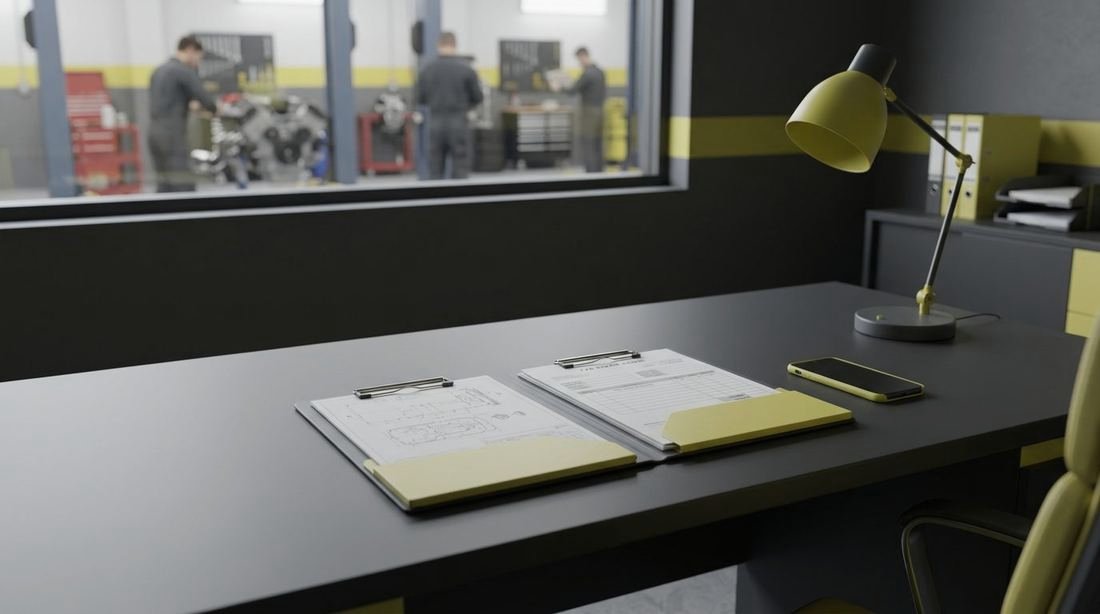 A folder of car repair orders and a phone on a tidy office desk