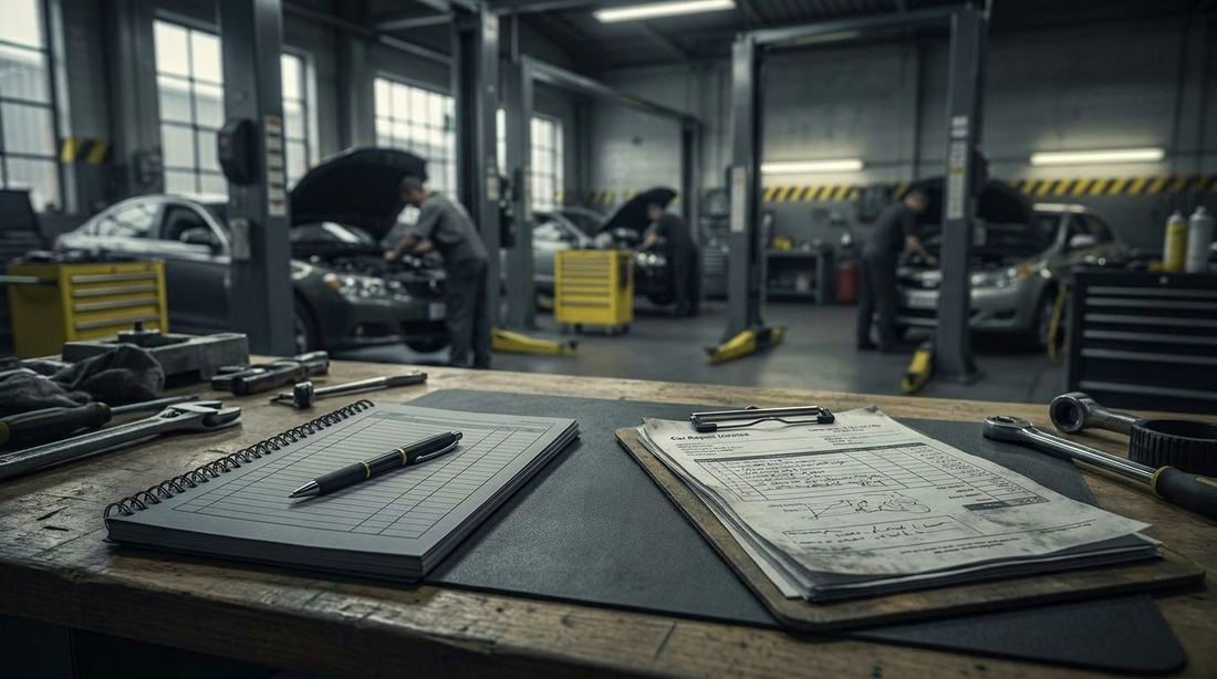A notebook with ruled columns beside a car repair invoice on a workbench