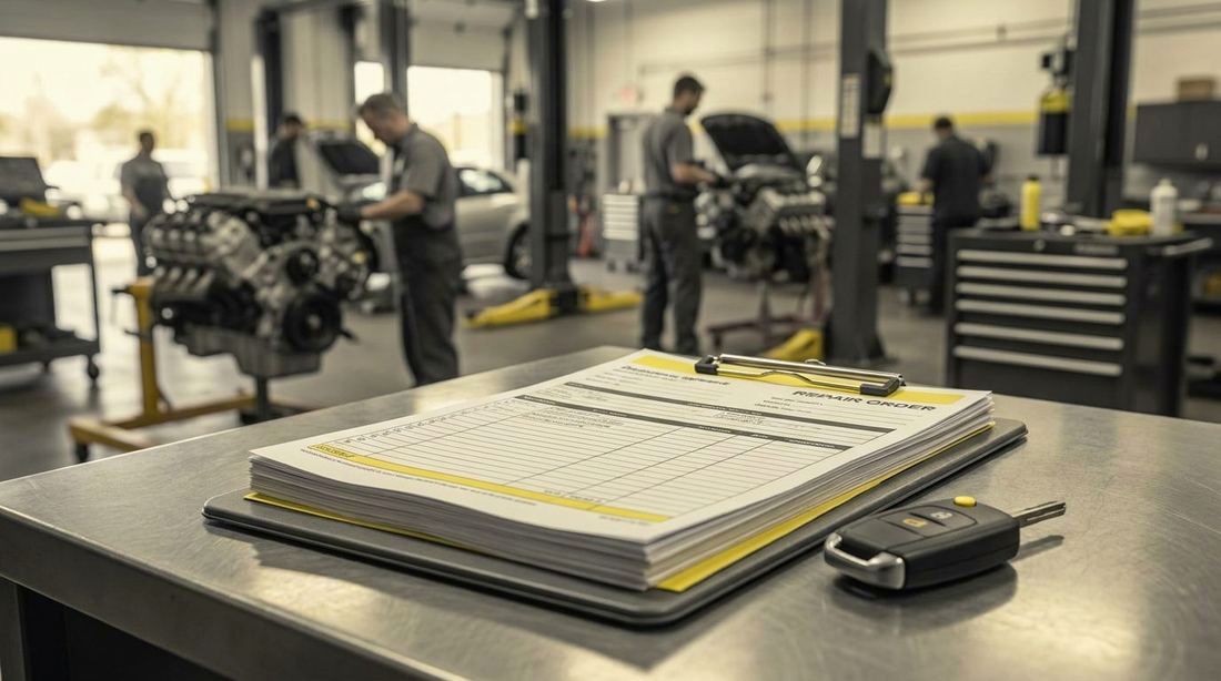 A stack of repair orders on a clipboard next to a car key on a service counter