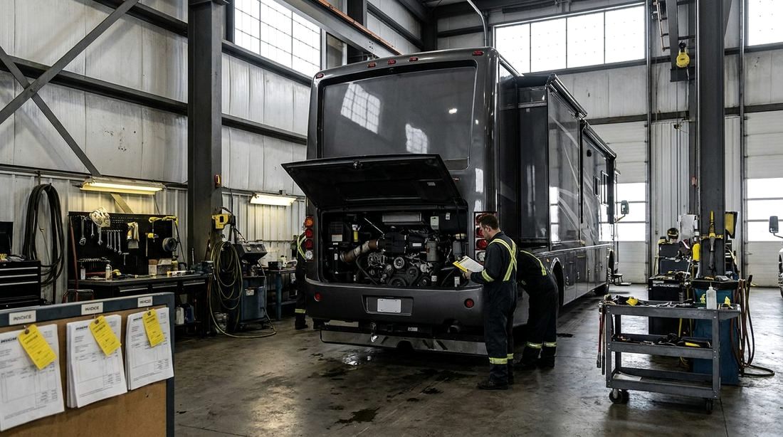 A motorhome inside a tall service bay with an engine panel open
