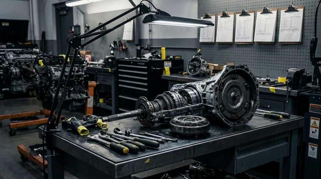 A car transmission taken apart on a workshop bench