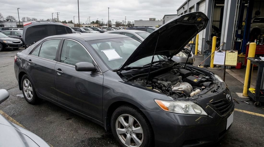 A used car on a dealer lot with its hood open