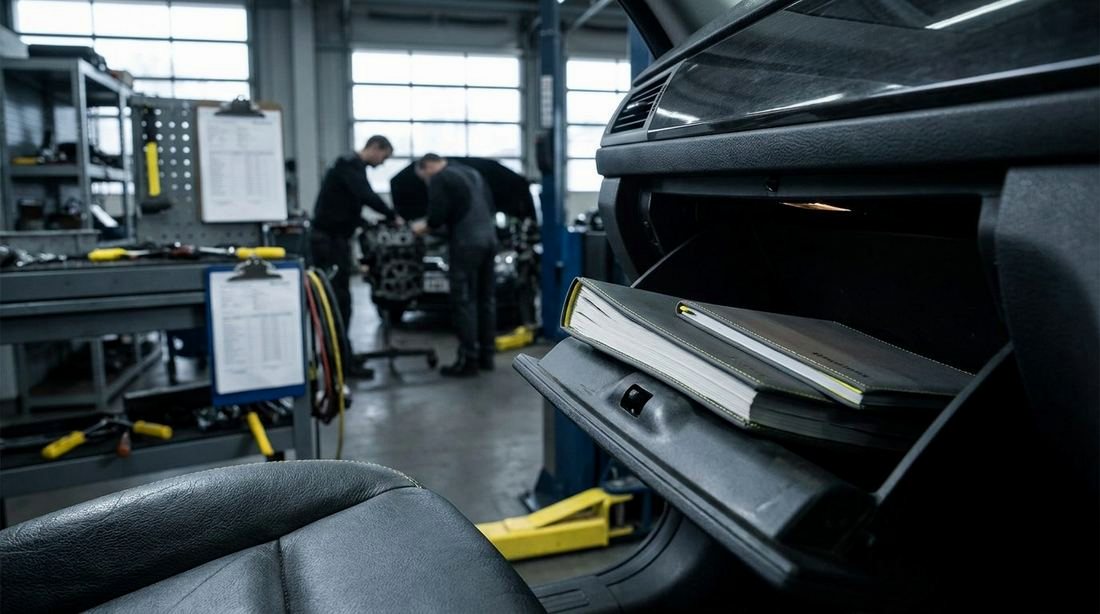 An owner manual and a warranty booklet in a car glovebox